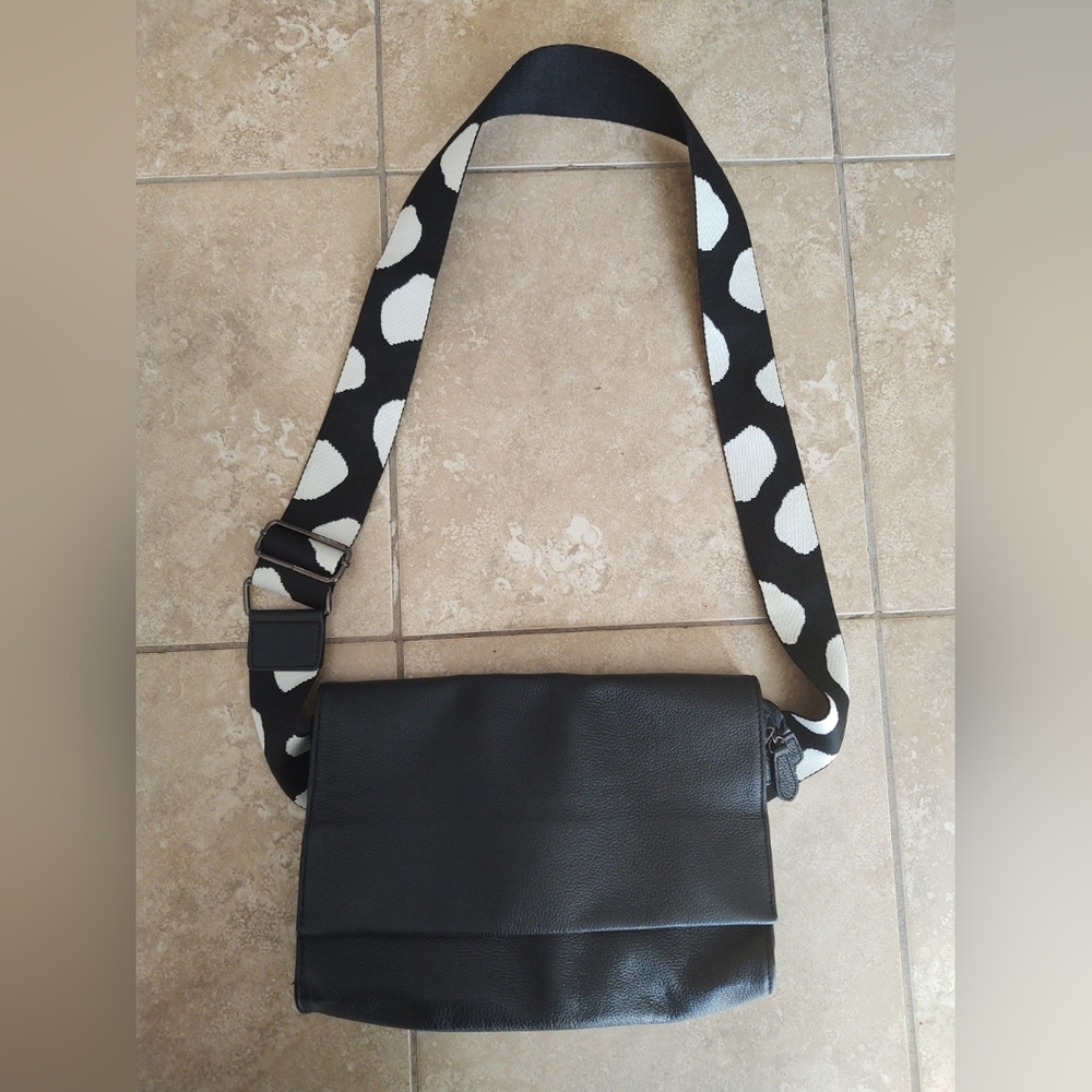 Black Leather CROSSBODY HAND BAG Polka Dot Adjustable Strap 4 Pockets Ear Japan
